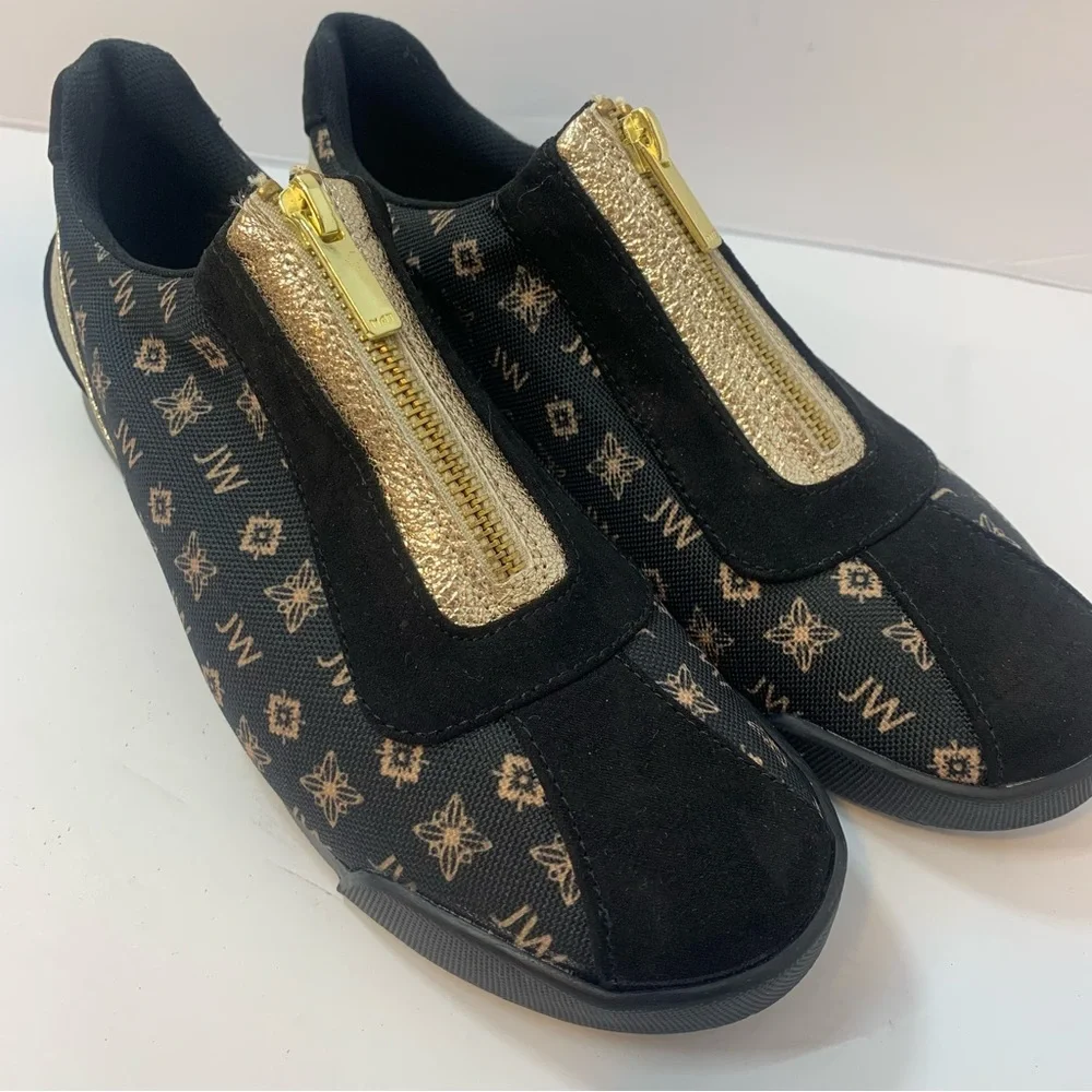 The Bradford Exchange Black Gold‎ Zip Sneakers Women’s Size 7.5 Monogram Slip-On